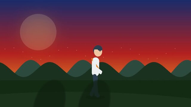 Man walking at night vector animation loop, man running or walking with backpack against sunset night landscape background