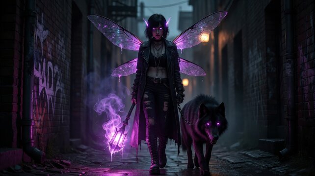 Cyberpunk Fairy and Wolf Walking in Dark Alley