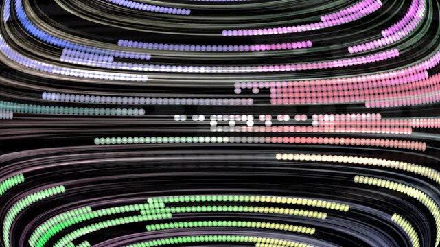 Abstract Digital Background Featuring Flowing Curving Streaks Of Light And Glowing Particles Moving Through A Dark Virtual Space Creating An Immersive Technological Atmosphere With Dynamic Motion And.