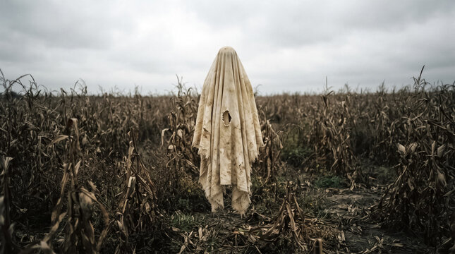 A figure covered in a worn sheet stands in a barren cornfield under a cloudy sky, evoking a sense of mystery and desolation