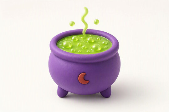 Minimalist 3d illustration of a witch cauldron with bubbling glowing green magic potion, cute Halloween icon isolated on white background