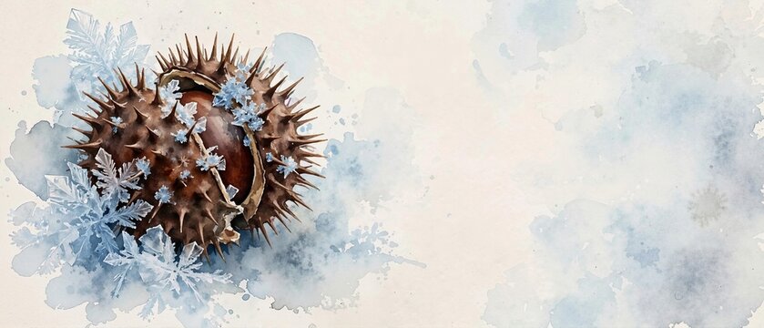 Watercolor illustration of a cracked chestnut shell with blue frost and snowflakes. Winter nature background. Copy space for text