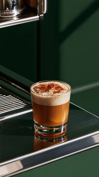 Small Layered Coffee beside Espresso Machine on Green Counter, Vertical Banner for Coffee Shop Menu and Seasonal Beverage Advertising with Copy Space