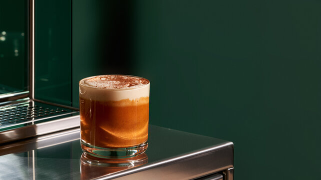 Layered Espresso beside Coffee Machine on Dark Green Counter, Wide Banner for Coffee Shop Menu and Seasonal Beverage Advertising with Copy Space