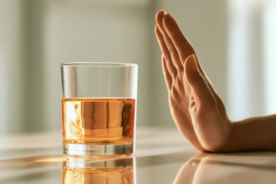 Person refusing a glass of whiskey with an open hand gesture symbolizing sobriety and making a healthy lifestyle choice indoors