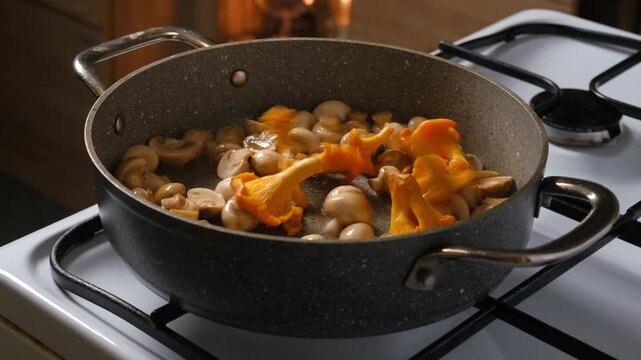 Add fresh chanterelle mushrooms to frying pan with champignons frying there in kitchen