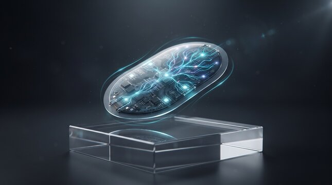 Futuristic muscle sensor patch visualizing electric cyan neural signals through embedded electrodes, representing wearable EMG diagnostics and advanced biometric technology.