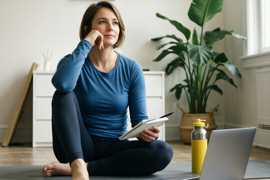 Woman meditating or studying indoors, embodying everyday fitness and wellness with a thoughtful expression.