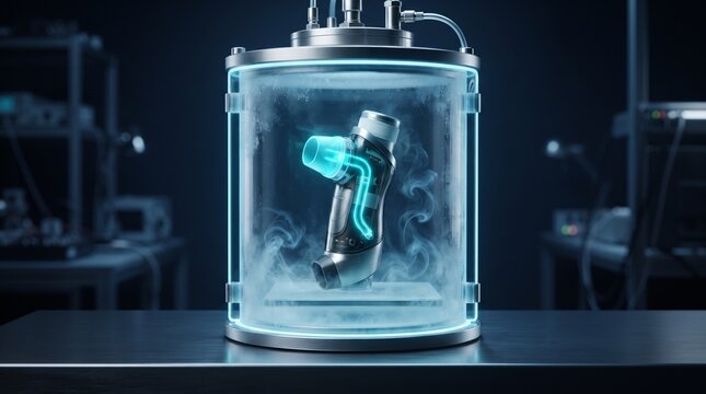 Futuristic asthma inhaler with glowing cyan airflow channels inside an icy medical chamber, representing respiratory treatment and advanced pharmaceutical technology.