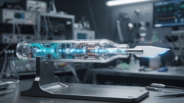 Transparent ultrasonic scalpel revealing its internal vibration mechanism, glowing cyan circuitry and precision ceramic tip in a futuristic biomedical engineering concept.