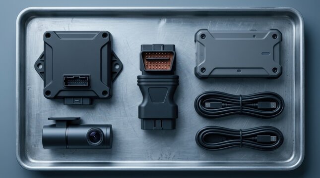 Fleet management hardware including gps telematics unit dashcam and obd connector arranged on tray