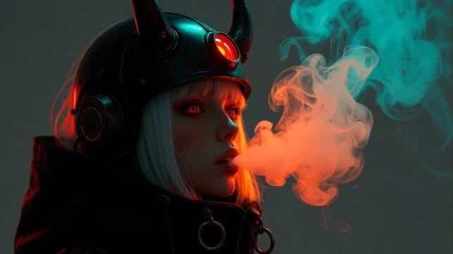 Cyberpunk Woman in Horned Helmet Exhaling Colorful Smoke