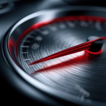 High-performance speedometer dial with sleek red needle indicating maximum velocity in a modern vehicle instrument cluster design