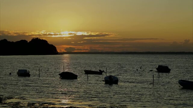 Time-lapse, sunset over the Baltic Sea, boats, Habernis, Steinberg, Schleswig-Holstein, Germany
