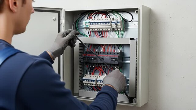 Professional electrician wearing gloves working on a residential electrical distribution board.