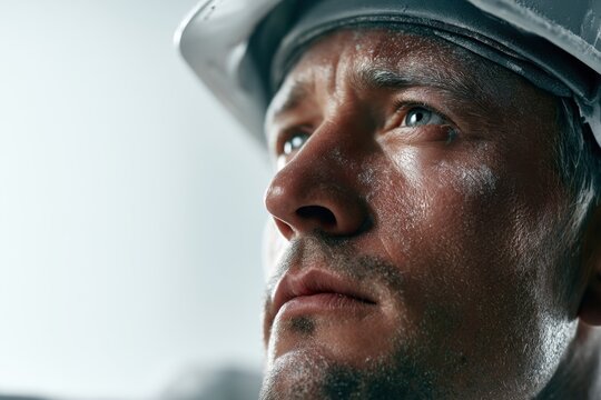 Portrait of a determined male construction worker wearing a safety helmet looking thoughtfully into the distance during a workday outdoors