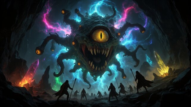 Dark cave scene features a monstrous, multi-limbed creature with glowing eyes