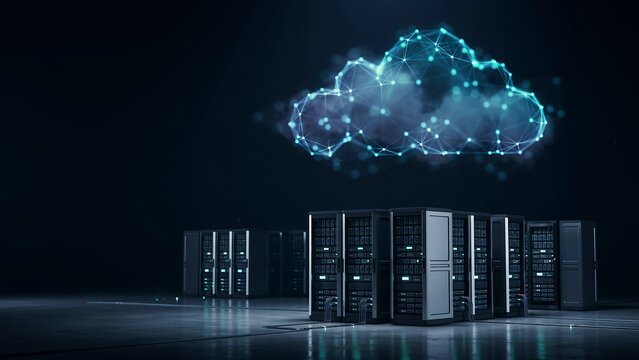 Futuristic cloud computing data center, digital network connection with server racks, modern big data storage concept