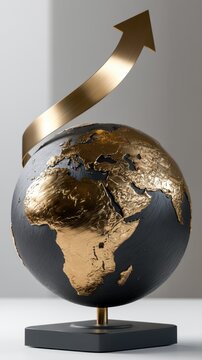 Elegant black and gold globe with a rising golden arrow symbolizing global growth and upward economic progress concept on a minimalist background