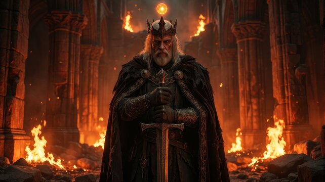 Dark Fantasy King Standing with Sword in Burning Castle