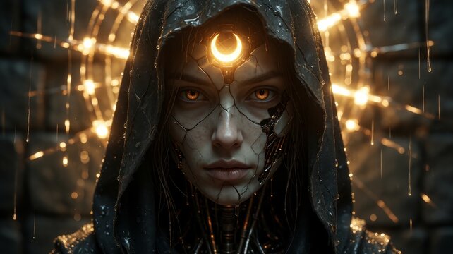 Dark fantasy portrait of enigmatic figure with glowing crescent and eyes