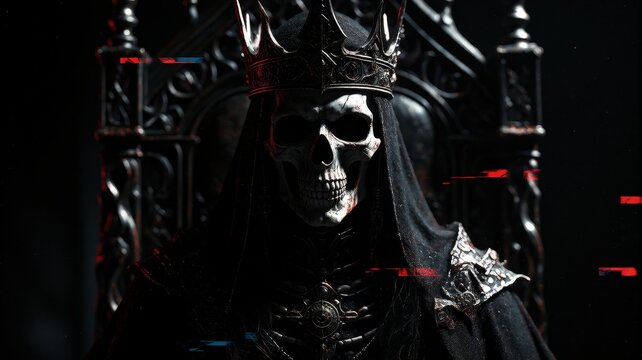 Dark Fantasy Skeleton King Seated on Obsidian Throne