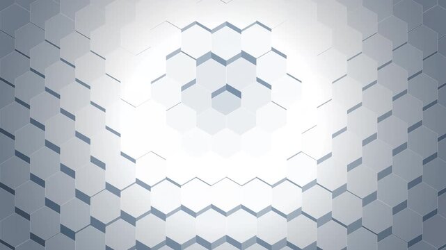 A premium 4K seamless 10-second looping motion graphic. Features a macro (zoomed-in) perspective of a clean 3D white hexagonal grid undulating in concentric radial waves, rendered using pseudo-isometr