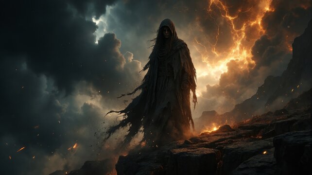 Dark Fantasy Sorcerer Standing Amidst Volcanic Lightning and Storm Clouds