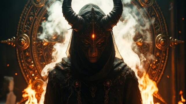 Dark Fantasy Sorcerer with Horns and Glowing Eyes