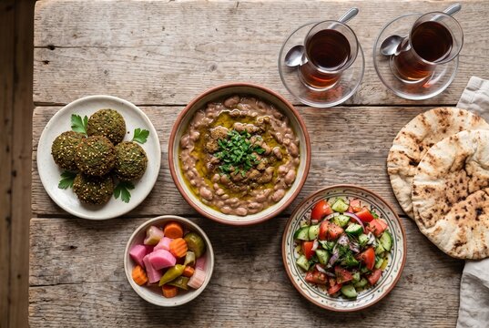 Egyptian breakfast with ful medames, falafel and baladi bread top view