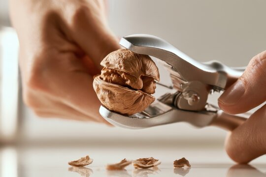 Person cracking open a walnut using a metal nutcracker with shell fragments on a reflective surface against a neutral background