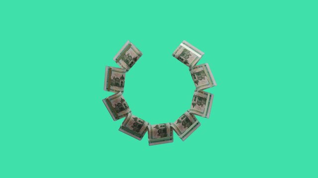 Realistic 3D loop of Belarus 200000 BYN banknote bundle wheel spinning, green screen chroma key setup. Best for banking commercials.