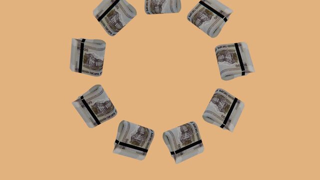 3D animation of Belarus 20000 BYN currency stacks spinning in a ring, studio background with chroma key. Great for stock market reels.