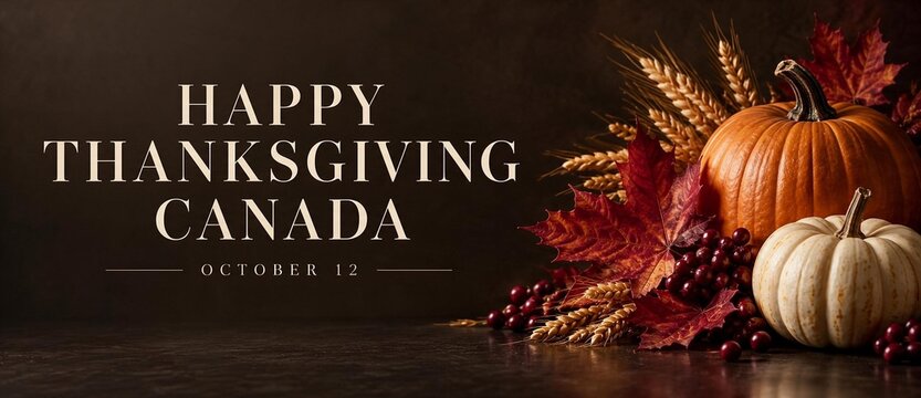 Happy Thanksgiving Canada October 15 Greeting Background with Pumpkins and Autumn Harvest Decorations.