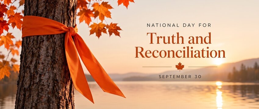 National Day for Truth and Reconciliation Canada banner. Orange awareness ribbon tied to a tree against an autumn sunset landscape. September 30 memorial poster and reminder background