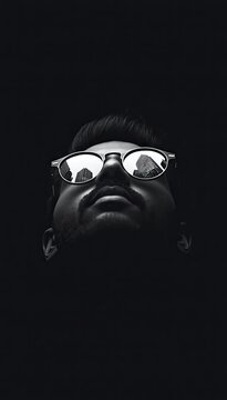 Shadowed face with illuminated glasses in black void