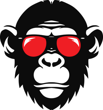 Cool monkey head with red sunglasses, black silhouette logo.