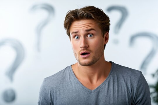 Young man expressing surprise and confusion with question marks in background symbolizing uncertainty and curiosity about a difficult situation or decision