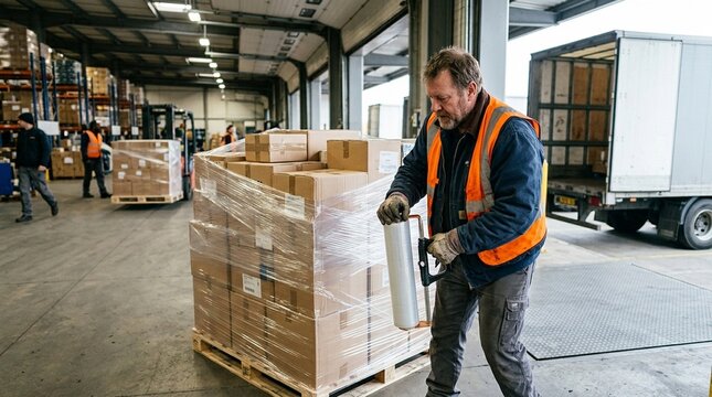 Dock worker wrapping a pallet in shrink film before loading it onto a delivery truck