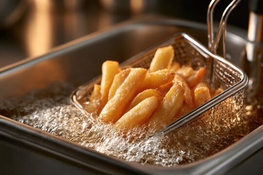 Golden thick-cut fried potato strips cooking in bubbling hot oil inside a stainless steel deep fryer basket for crispy texture and flavor