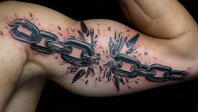 Shattered chain tattoo across upper arm