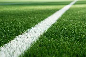 Naklejka premium Close-up perspective of a vibrant green sports field featuring a crisp white boundary line extending into the distance on well-maintained artificial grass surfa