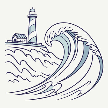 Large ocean wave crashing against a stone lighthouse on the coastline