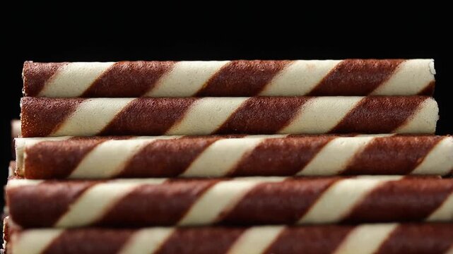 A pile of chocolate wafer rolls slowly rotating on a black background.