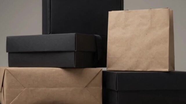 Stack of black and brown gift boxes and paper bags on gray background stacked boxes gift packaging shopping bags package delivery packaging design stacked boxes gift packaging shopping bags package