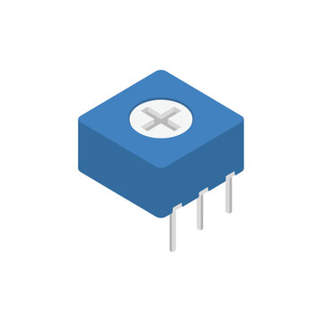 A single square blue trimmer potentiometer with a clearly visible adjustment slot on top and three short metal pins underneath.