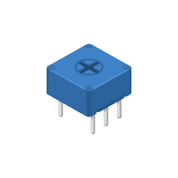 A single square blue trimmer potentiometer with a clearly visible adjustment slot on top and three short metal pins underneath.