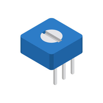 A single square blue trimmer potentiometer with a clearly visible adjustment slot on top and three short metal pins underneath.