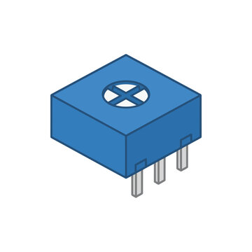 A single square blue trimmer potentiometer with a clearly visible adjustment slot on top and three short metal pins underneath.