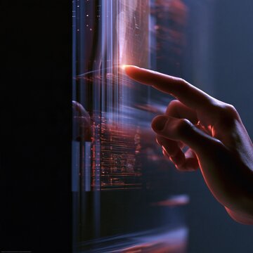 Human finger interacting with a futuristic transparent digital interface emitting vibrant orange light streaks on dark background in innovative technology conce